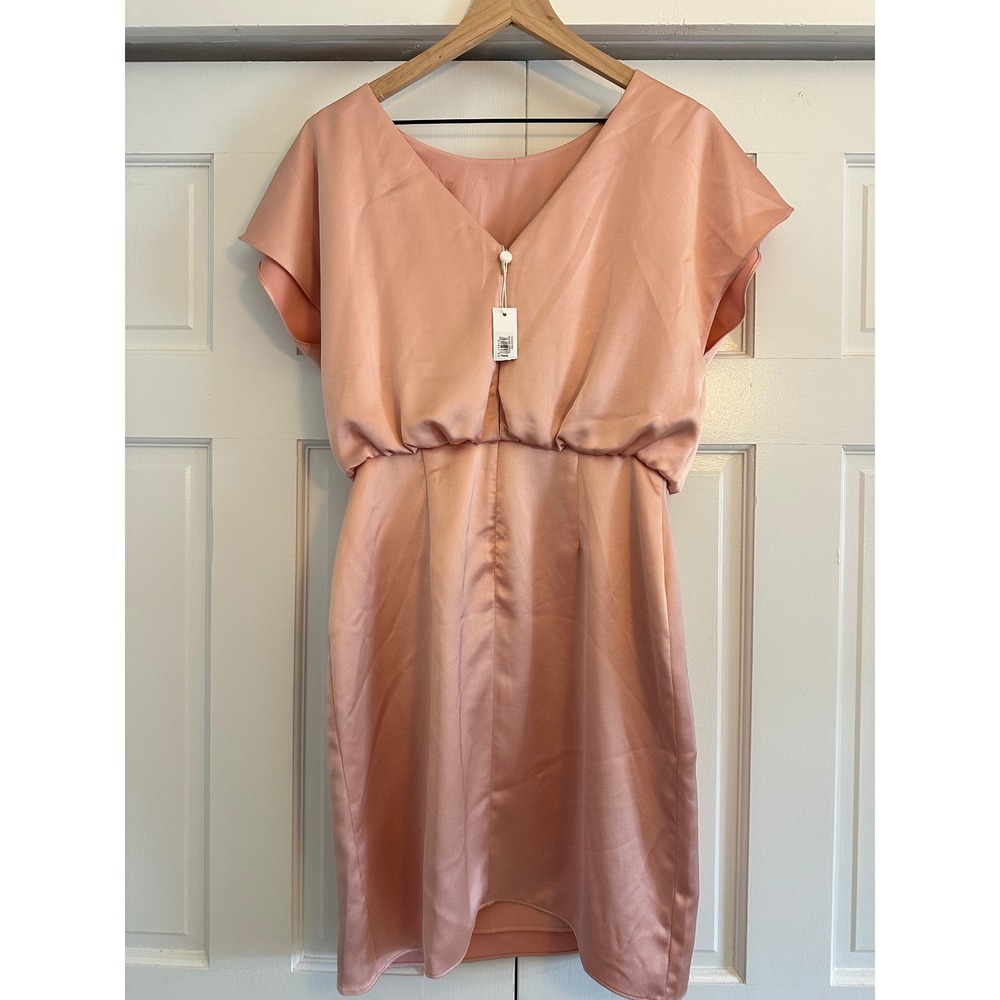 Trina Turk Pink Satin Blouson Cocktail Dress V-Back Short Sleeve Mini Size 8 NEW - Picture 4 of 6